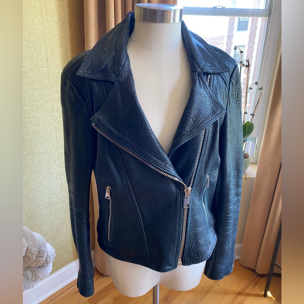 AllSaints Navy Leather Biker Jacket